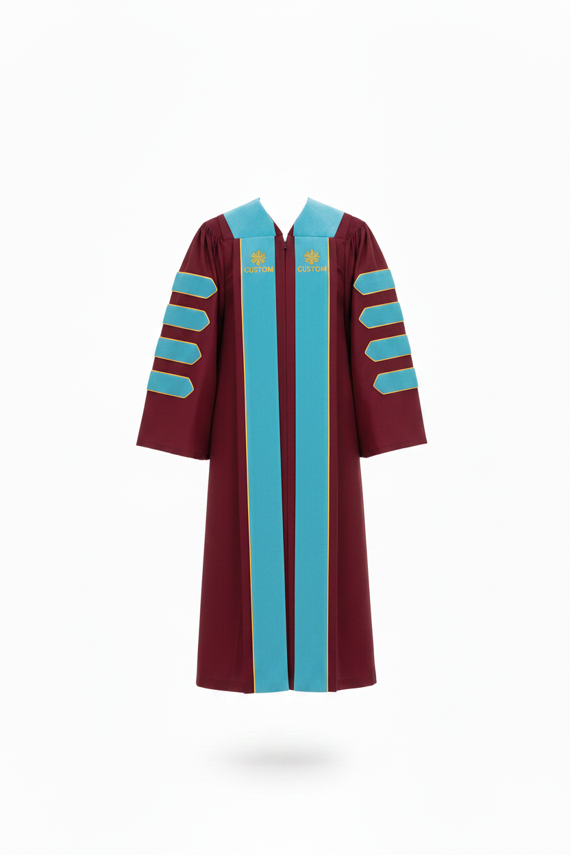 Maroon doctoral gown displayed on mannequin with customizable emblem patches
