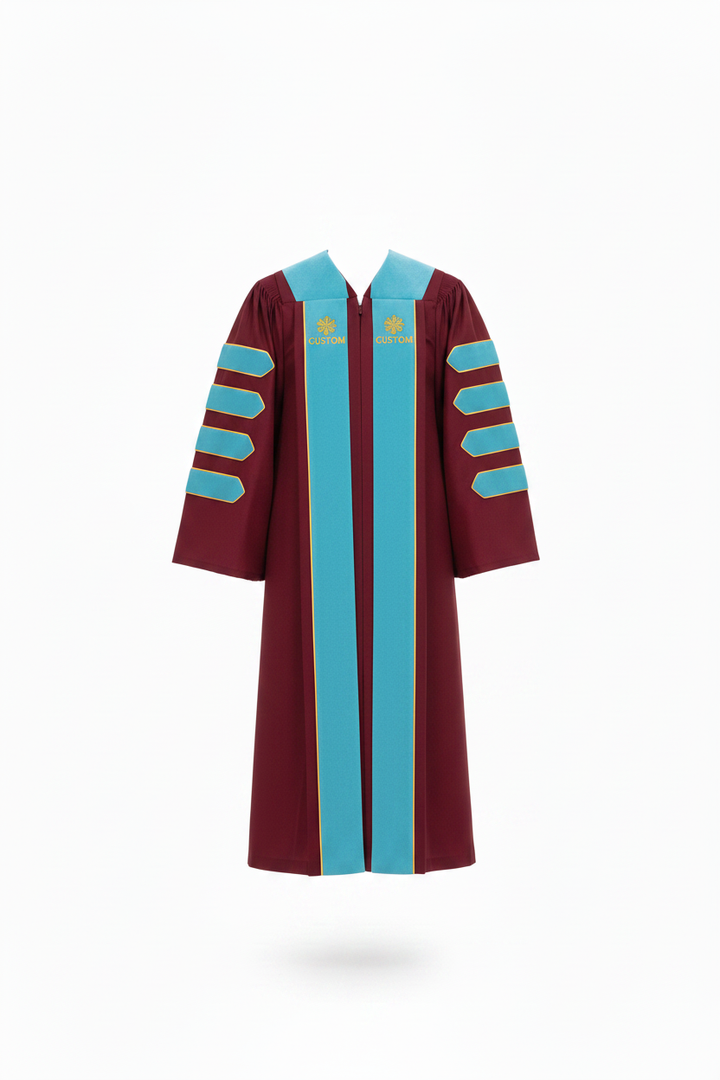 Maroon doctoral gown displayed on mannequin with customizable emblem patches