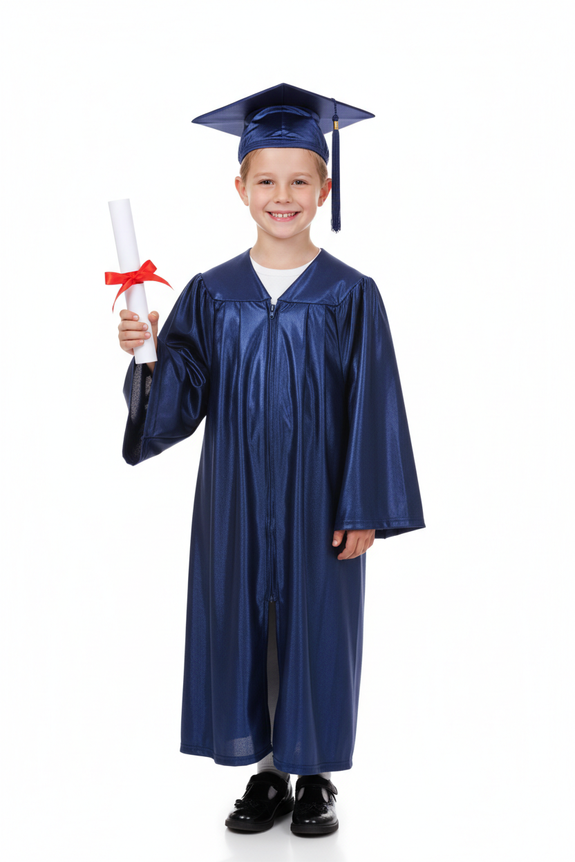 Shiny Navy Blue Elementary Gown - Model Shot