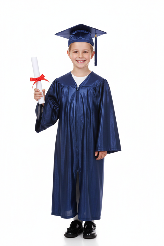 Shiny Navy Blue Elementary Gown - Model Shot
