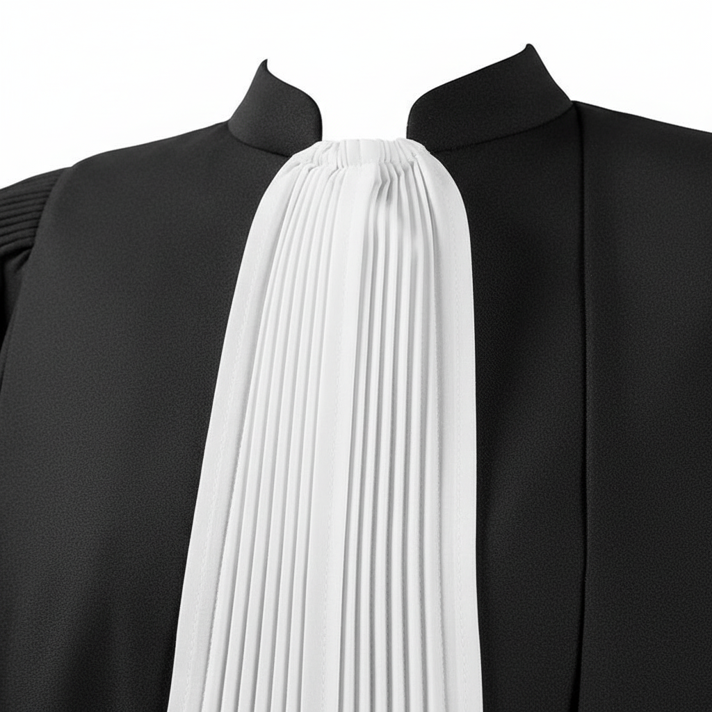 Close-up detail of white pleated accordion jabot collar on black barrister robe