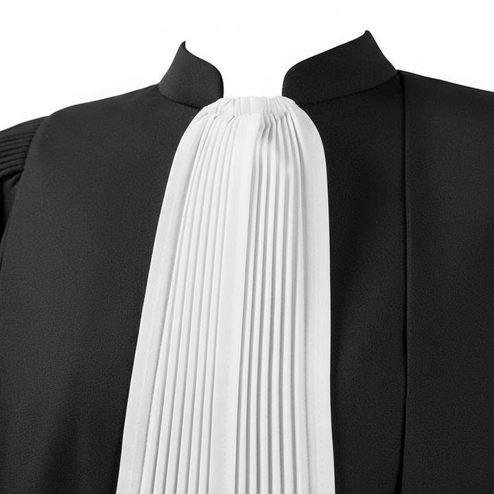 Close-up detail of white pleated accordion jabot collar on black barrister robe