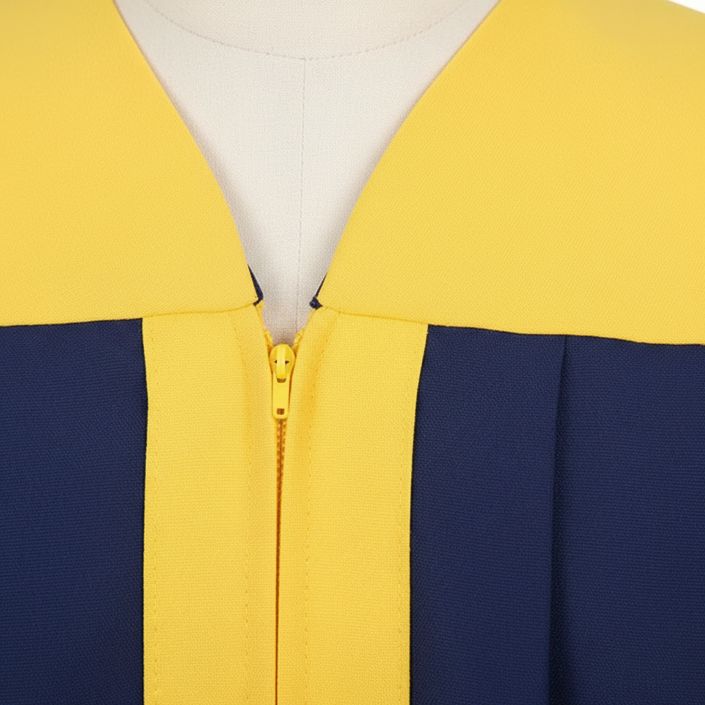 Close-up detail of navy blue choir robe showing yellow-gold shoulder yoke and fabric texture, macro shot, white background