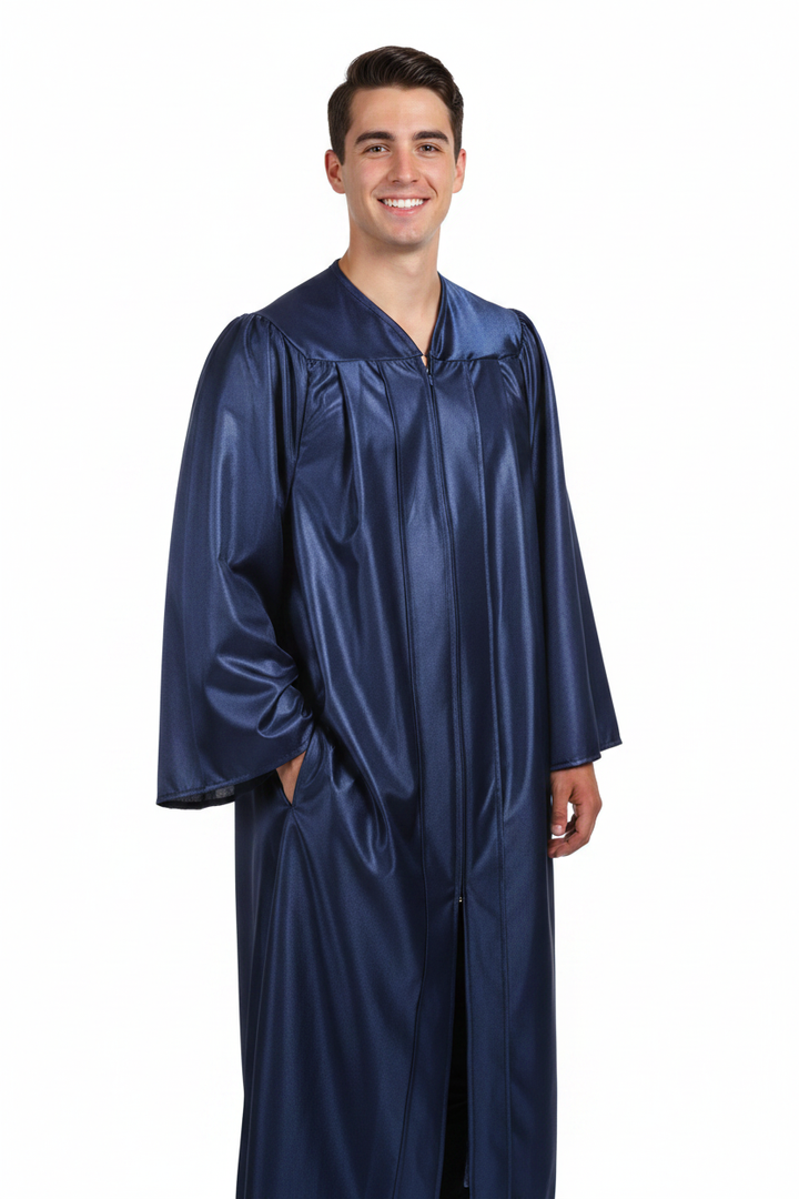 Shiny Navy Blue High School Gown - Model Display