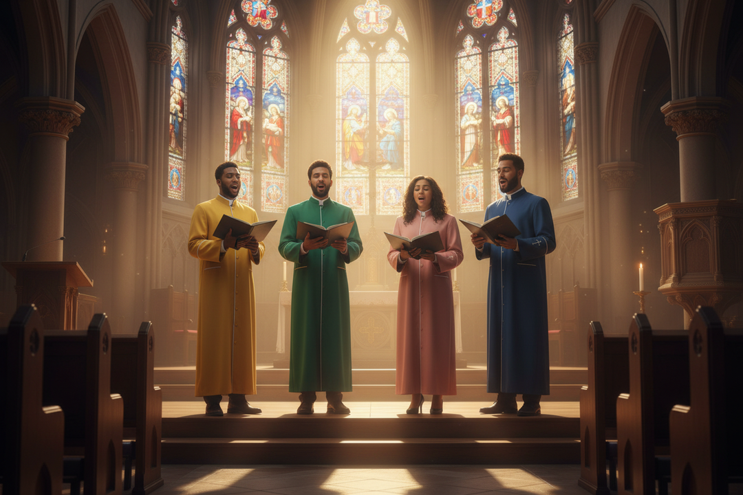 Choir group wearing clergy cassock robes in church with stained glass windows, atmospheric lighting