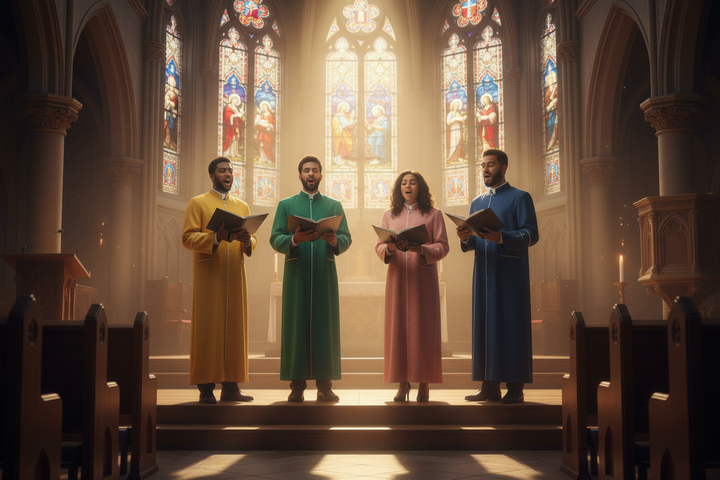 Choir group wearing clergy cassock robes in church with stained glass windows, atmospheric lighting