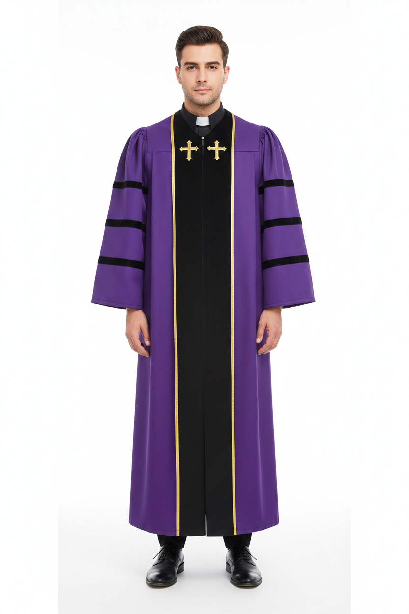 Model wearing purple clergy robe with black center panel gold trim and cross embroidery, full body front view, white background