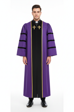 Purple Clergy Robe with Gold Trim & Cross Embroidery | Church Choir Gown | Worship & Liturgical Vestment | S-XXXL