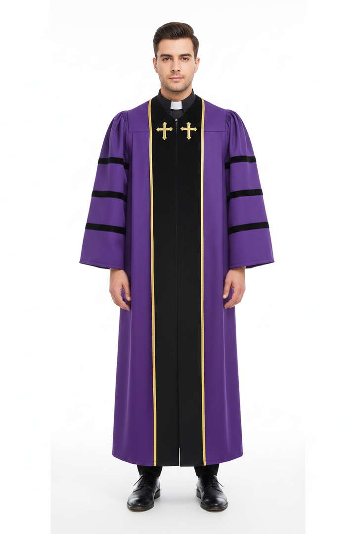 Model wearing purple clergy robe with black center panel gold trim and cross embroidery, full body front view, white background