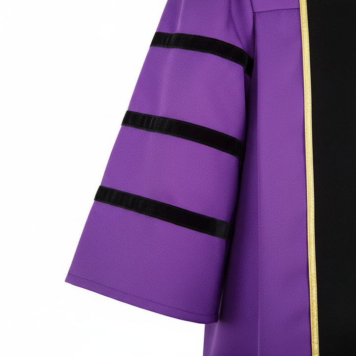 Close-up detail of purple clergy robe sleeve showing black velvet horizontal stripes, white background