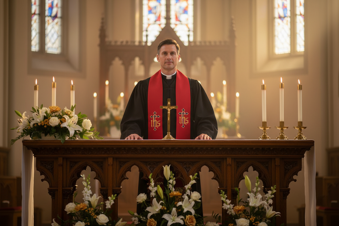 Pastor wearing red clergy stole over black robe at church altar with candles, cinematic atmosphere