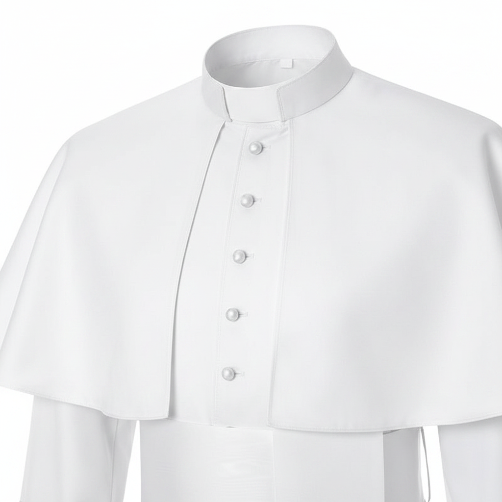 Close-up detail of white clergy cape cassock robe showing stand collar clergy tab insert and shoulder cape edge, white background