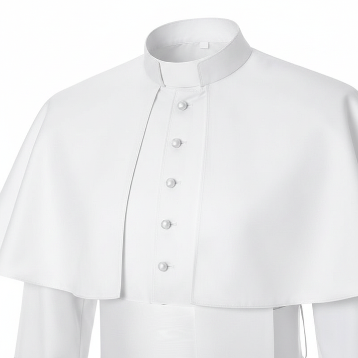 Close-up detail of white clergy cape cassock robe showing stand collar clergy tab insert and shoulder cape edge, white background