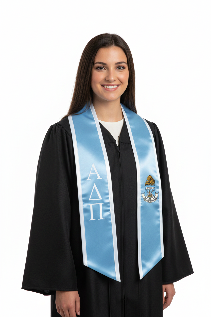 Alpha Delta Pi Trimmed Greek Lettered Graduation Stole w/ Crest model display