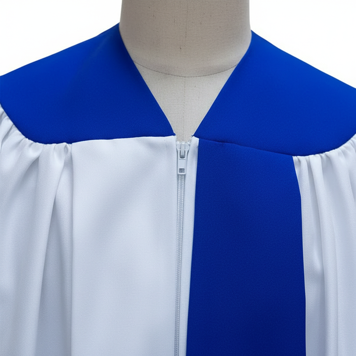 Close-up detail of white choir robe showing royal blue square yoke collar at V-neck with zipper and blue center front stripe panel, white background