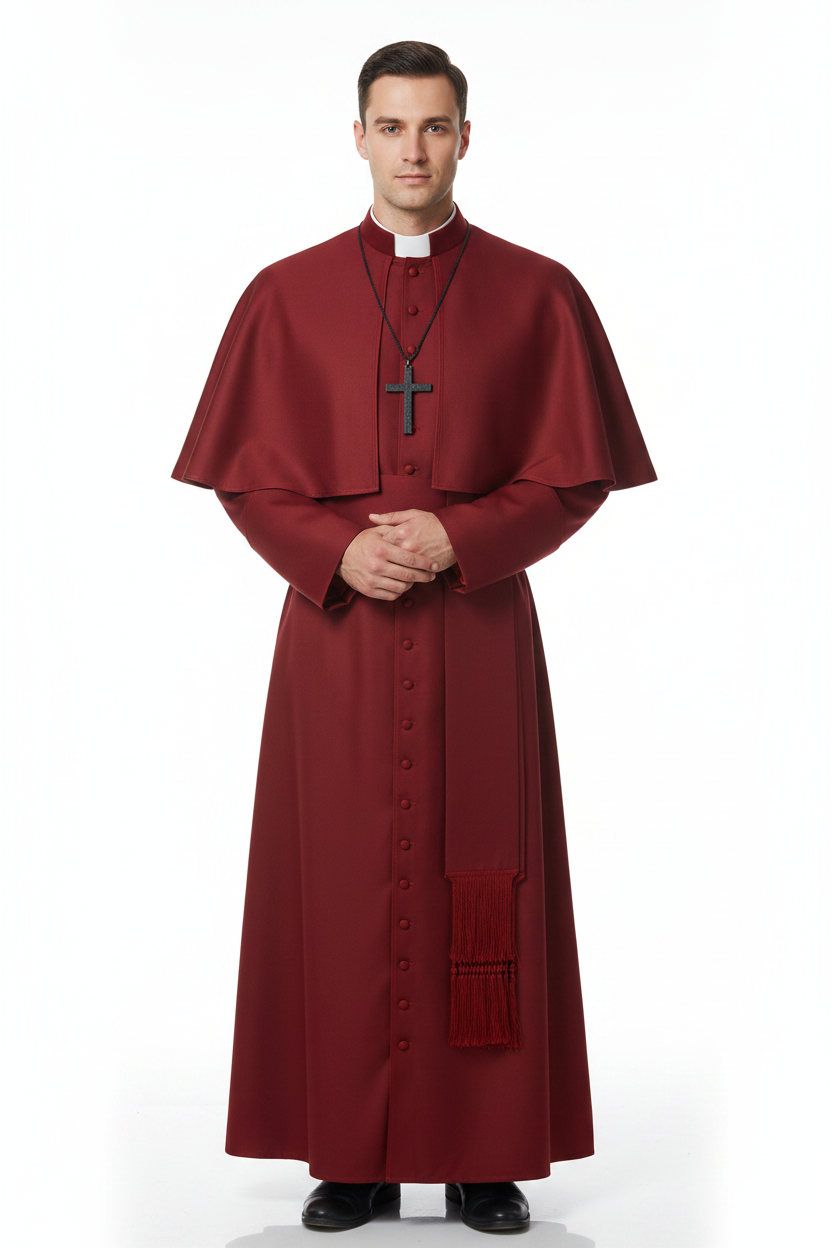 Male model wearing wine red clergy cape cassock robe set full body front view, white background