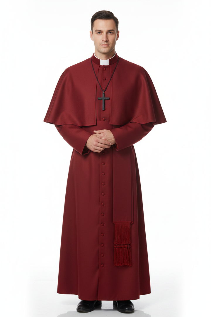 Male model wearing wine red clergy cape cassock robe set full body front view, white background