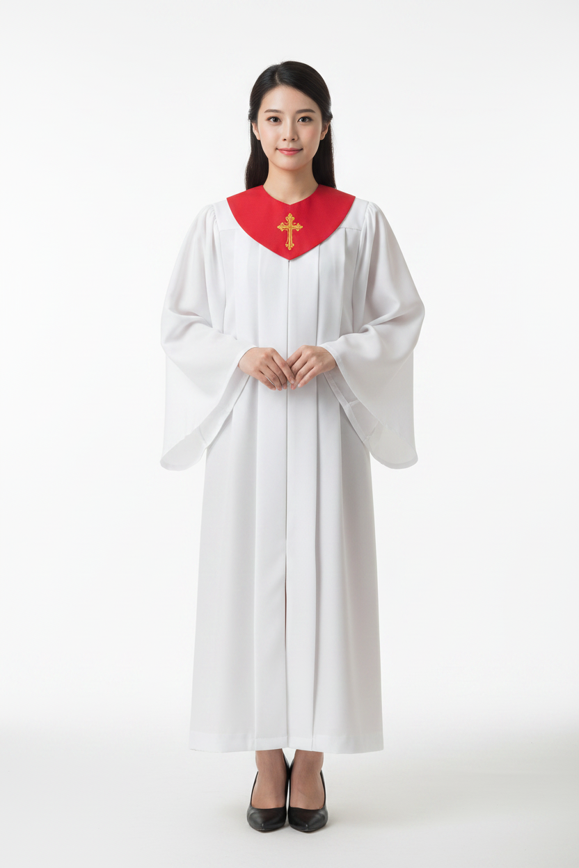 Model wearing white church choir robe with red V-neck yoke and gold cross embroidery