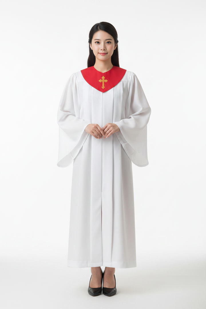 Model wearing white church choir robe with red V-neck yoke and gold cross embroidery
