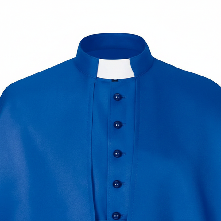 Close-up detail of royal blue clergy cape cassock robe showing stand collar clergy tab insert and shoulder cape edge, white background
