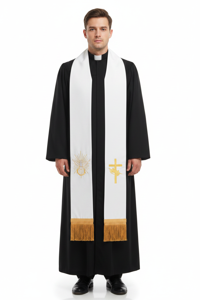 Male model wearing white reversible clergy stole with dove cross gold embroidery and gold fringe over black cassock, full body front view, white background