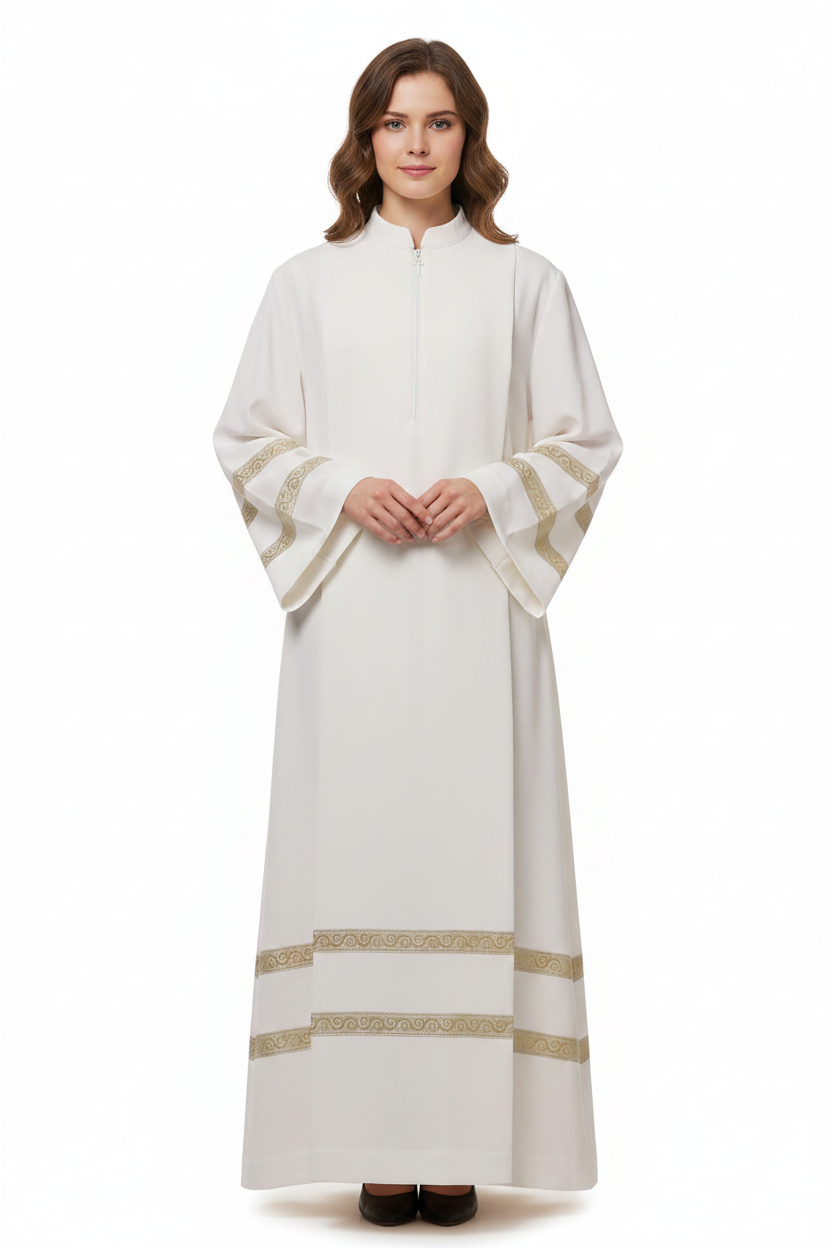 Female model wearing ivory clergy alb robe with double gold brocade trim sleeves and hem, full body front view, white background