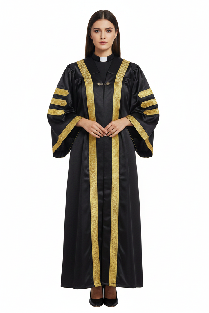 Unisex Clergy Choir Robe | Black with Gold Patterned Trim | Custom Logo Supported | Stage Performance Cosplay | M-XXXL | 1100g