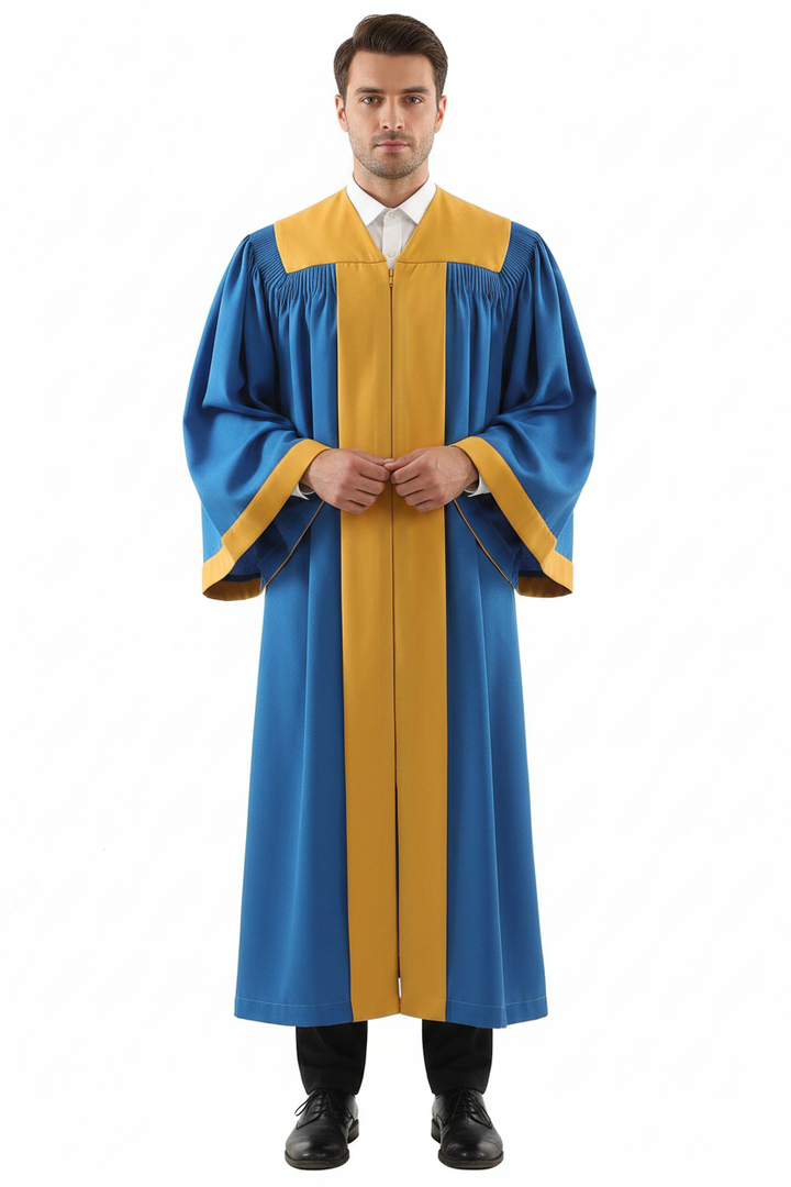 Model wearing lake blue two-tone choir robe with gold contrast yoke and cuff trim, white background