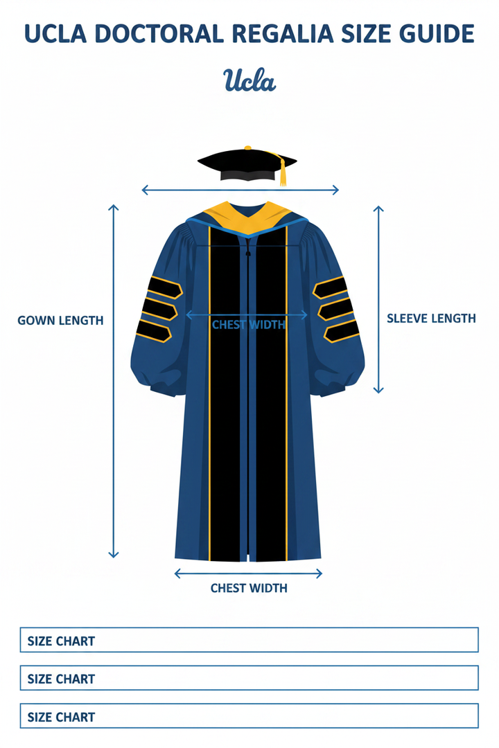 UCLA doctoral regalia size reference chart with measurement arrows