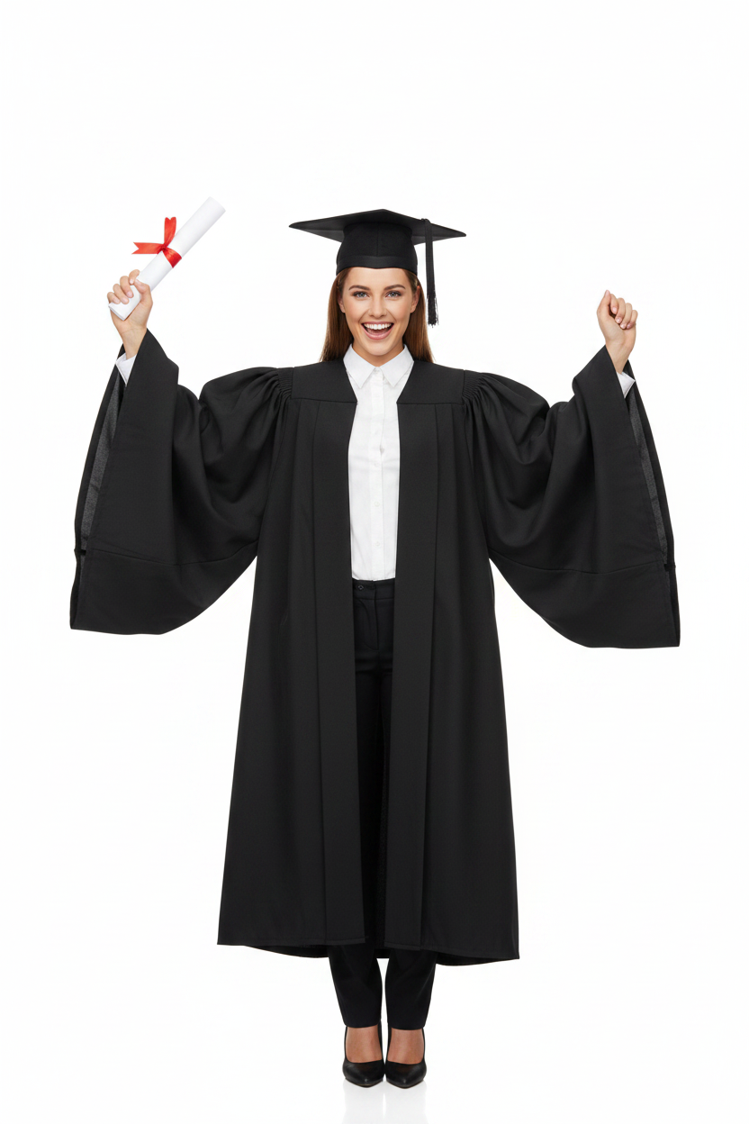 Classic Gathered UK British Bachelor Graduation Gown - Model with Diploma Joyful Pose