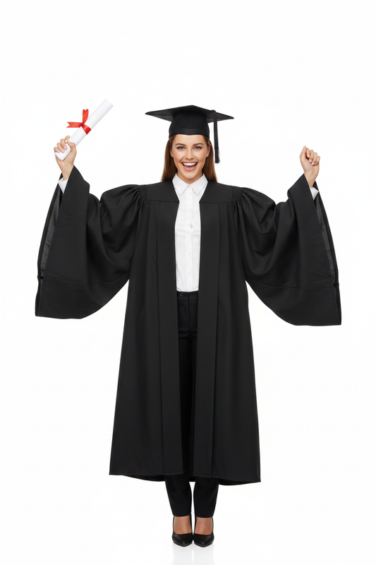 Classic Gathered UK British Bachelor Graduation Gown - Model with Diploma Joyful Pose