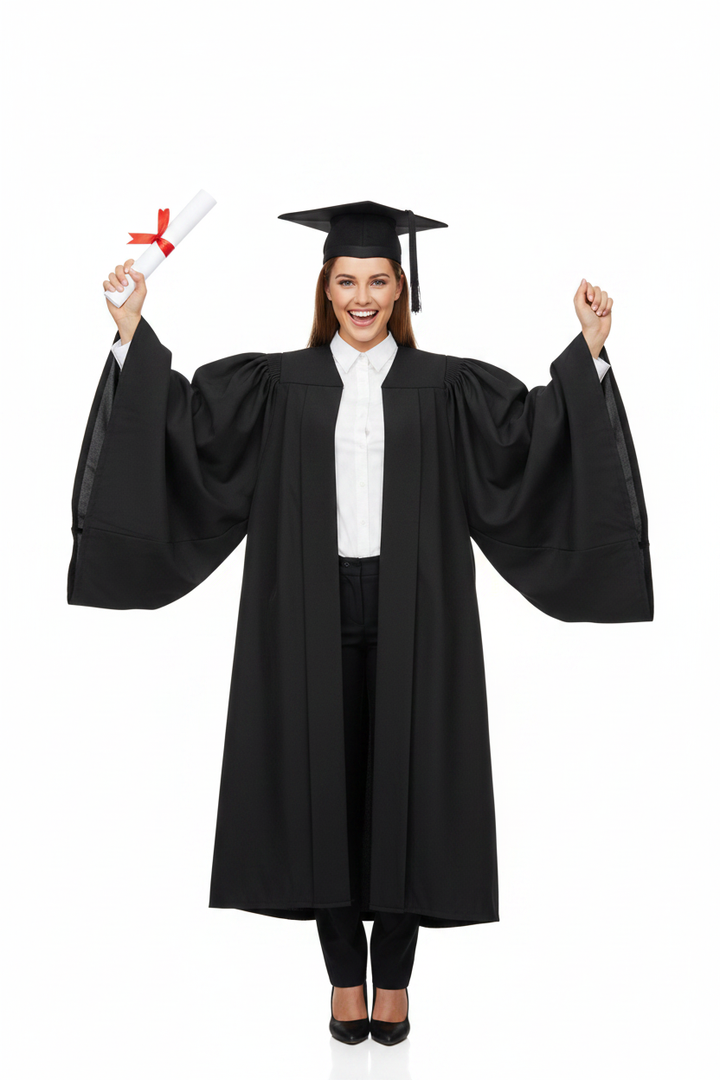 Classic Gathered UK British Bachelor Graduation Gown - Model with Diploma Joyful Pose