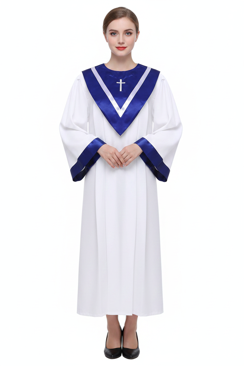 Model wearing White and Blue Choir Robe with Embroidered Cross