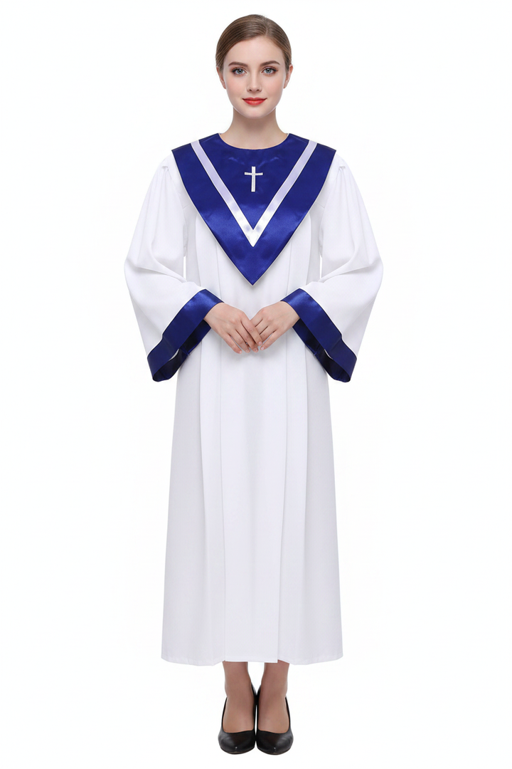 Model wearing White and Blue Choir Robe with Embroidered Cross