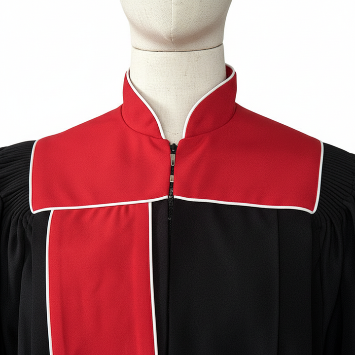 Close-up detail of black choir robe showing red stand collar, center front zipper, red yoke panel with white piping trim, white background