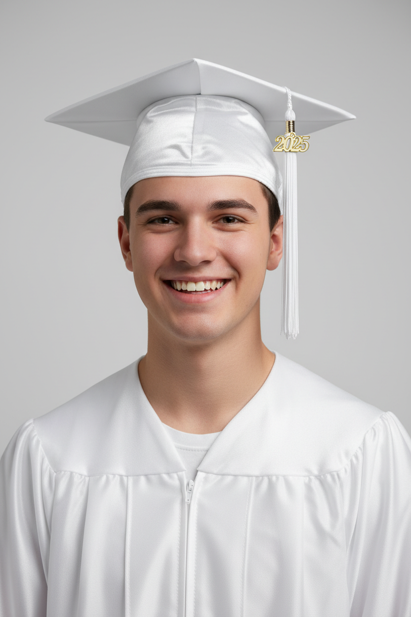 Shiny White High School Cap and Tassel - Model Display