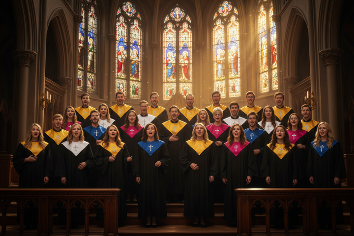 Church choir group wearing matching black robes with colorful V-yoke collars singing in cathedral, cinematic atmosphere