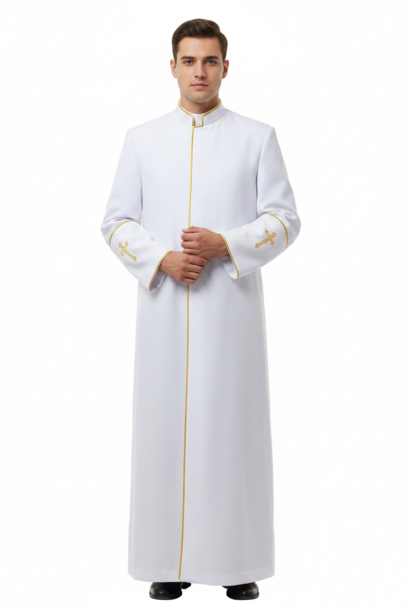 Model wearing full-length white clergy cassock robe with gold trim and cross embroidery, white background
