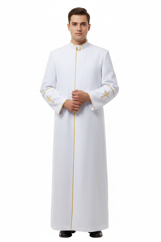 Model wearing full-length white clergy cassock robe with gold trim and cross embroidery, white background