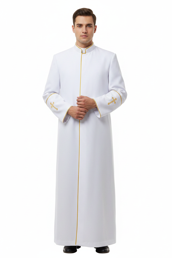 Model wearing full-length white clergy cassock robe with gold trim and cross embroidery, white background