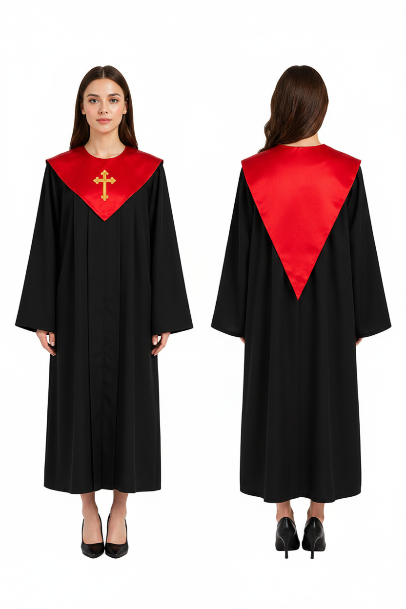 Black choir robe with red V-yoke collar on invisible mannequin, pure white background