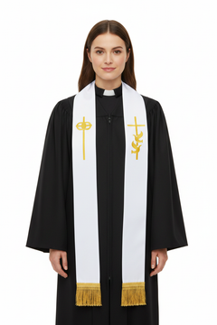 White Clergy Stole with Gold Cross & Dove Embroidery | Pastor Stole with Gold Fringe