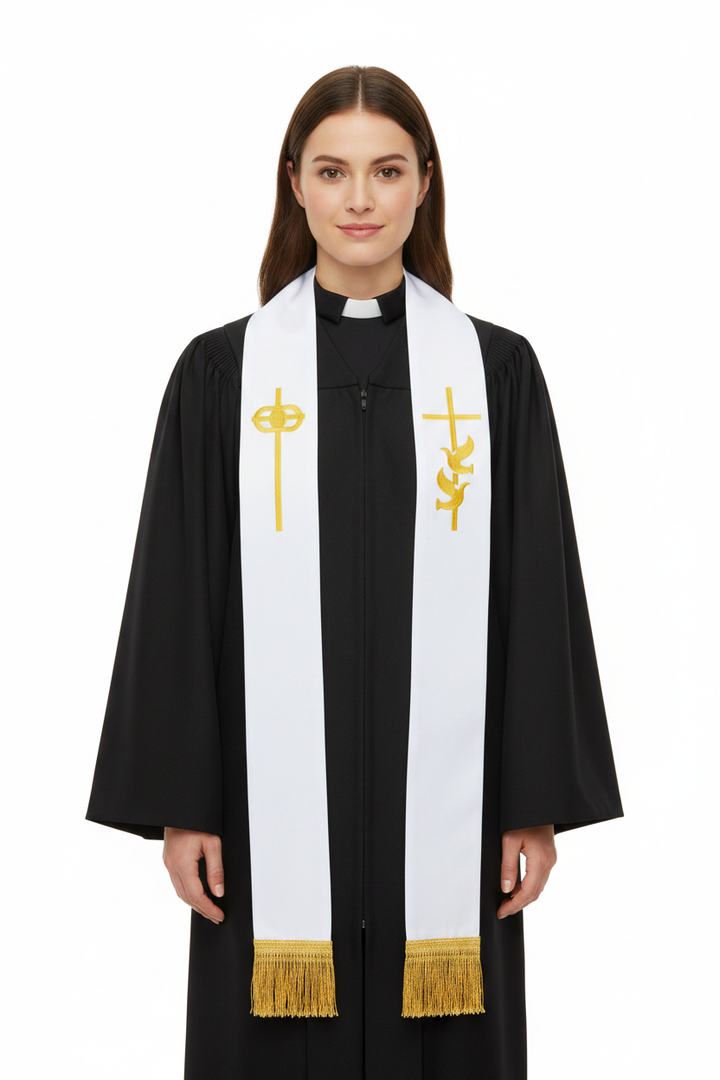Pastor wearing White Clergy Stole with Gold Cross and Dove Embroidery