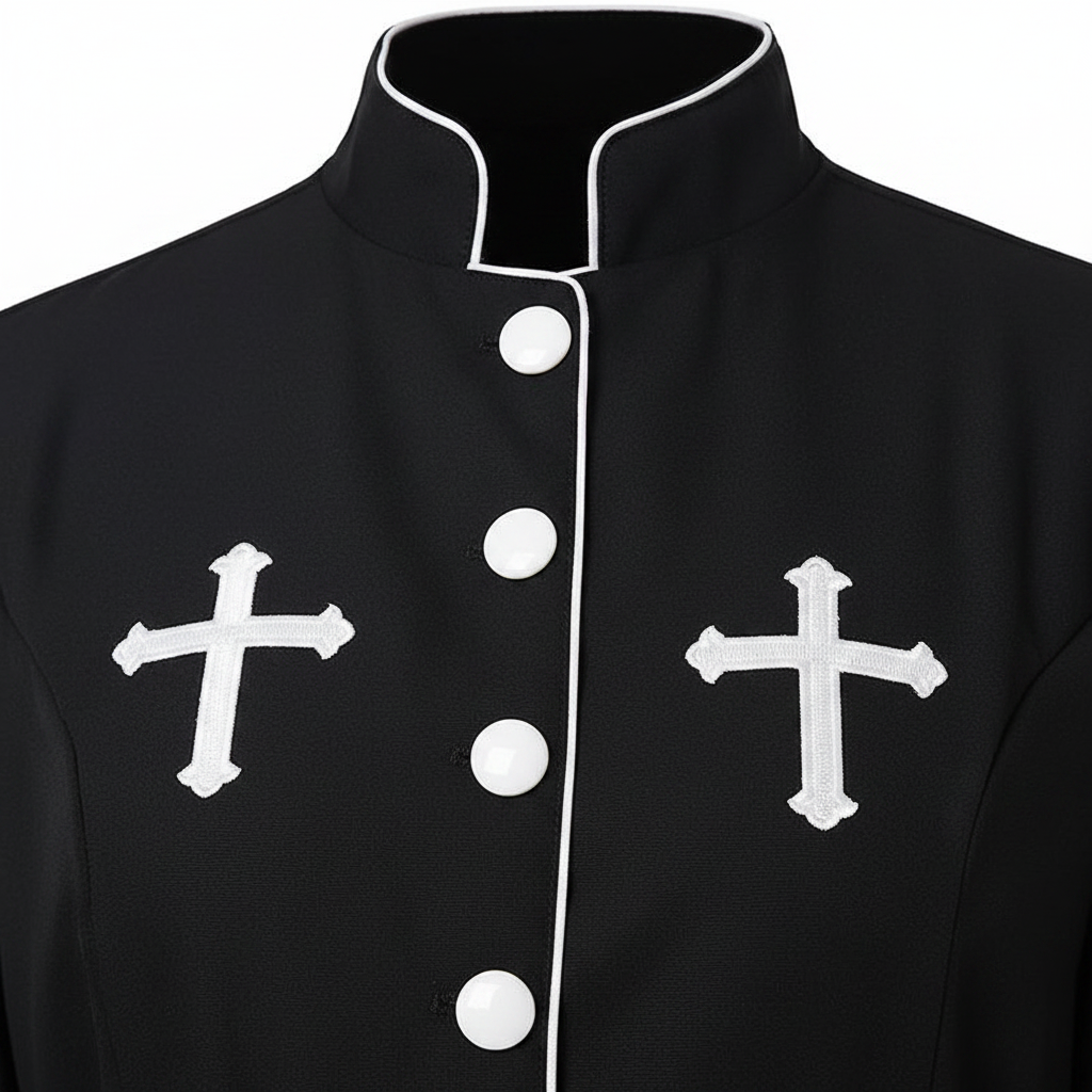 Close-up detail of black clergy cassock robe showing stand collar, white round buttons, white piping trim and two white cross embroidery badges on chest, white background