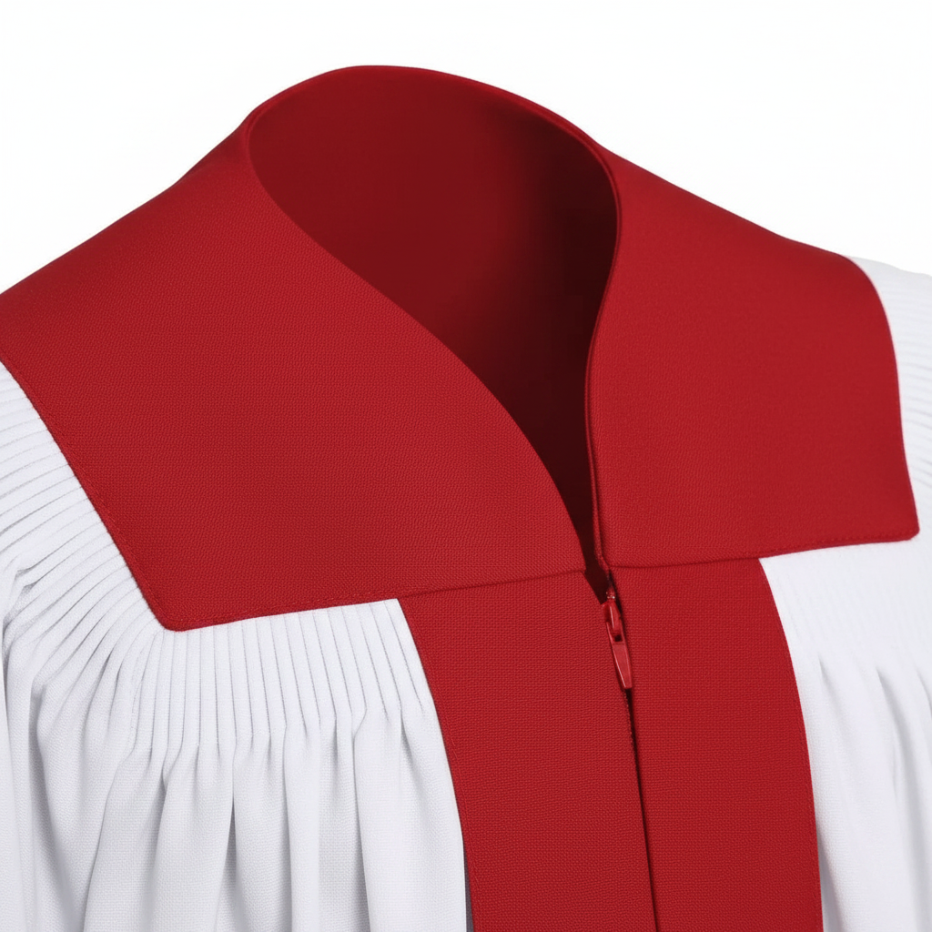 Close-up detail of white choir robe contrast yoke and red trim, white background