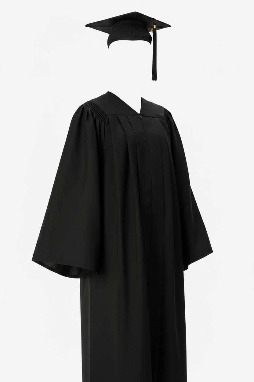 Deluxe black bachelor graduation gown displayed on mannequin, white background
