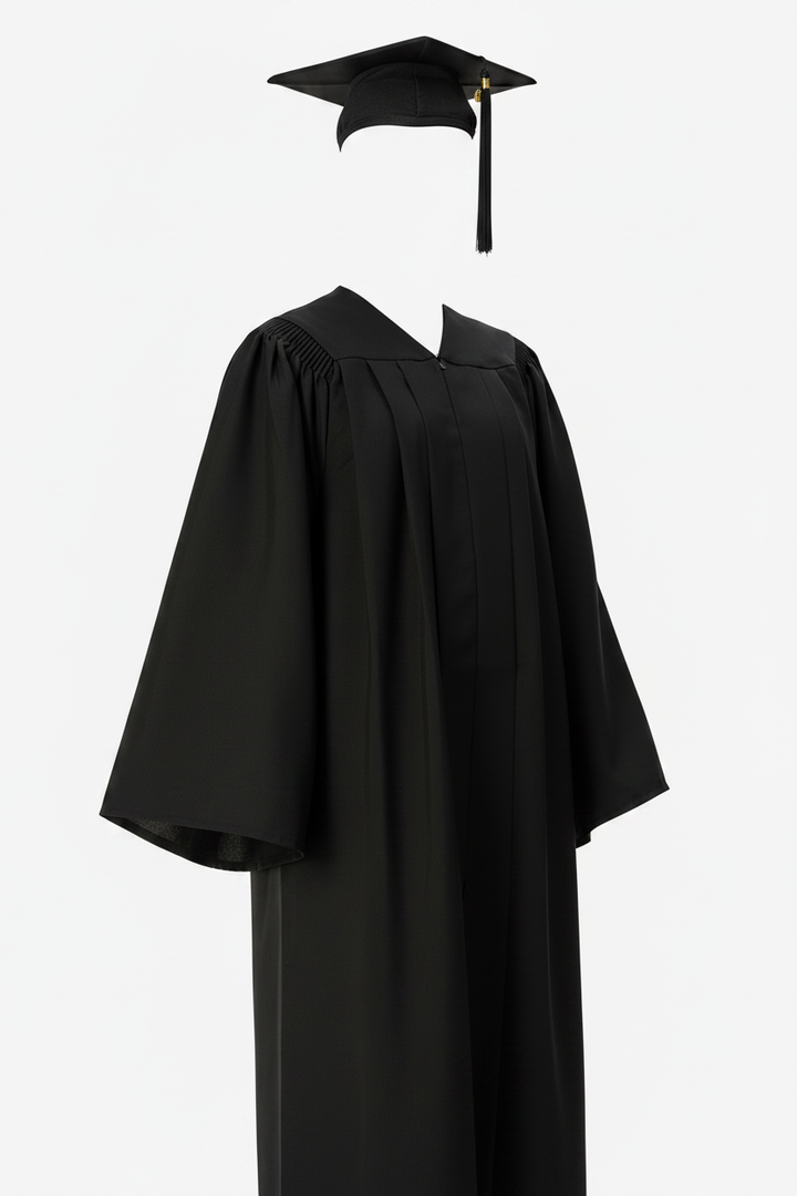 Deluxe black bachelor graduation gown displayed on mannequin, white background