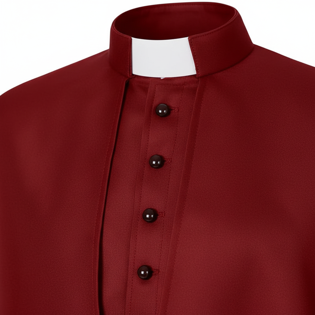 Close-up detail of wine red clergy cape cassock robe showing stand collar clergy tab insert and shoulder cape edge, white background