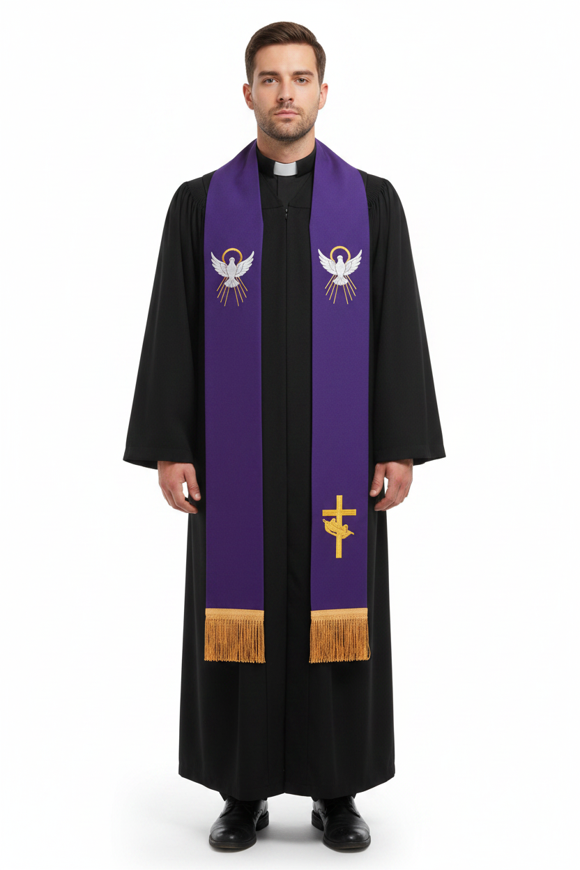Male model wearing purple reversible clergy stole with dove cross gold embroidery and gold fringe over black cassock, full body front view, white background