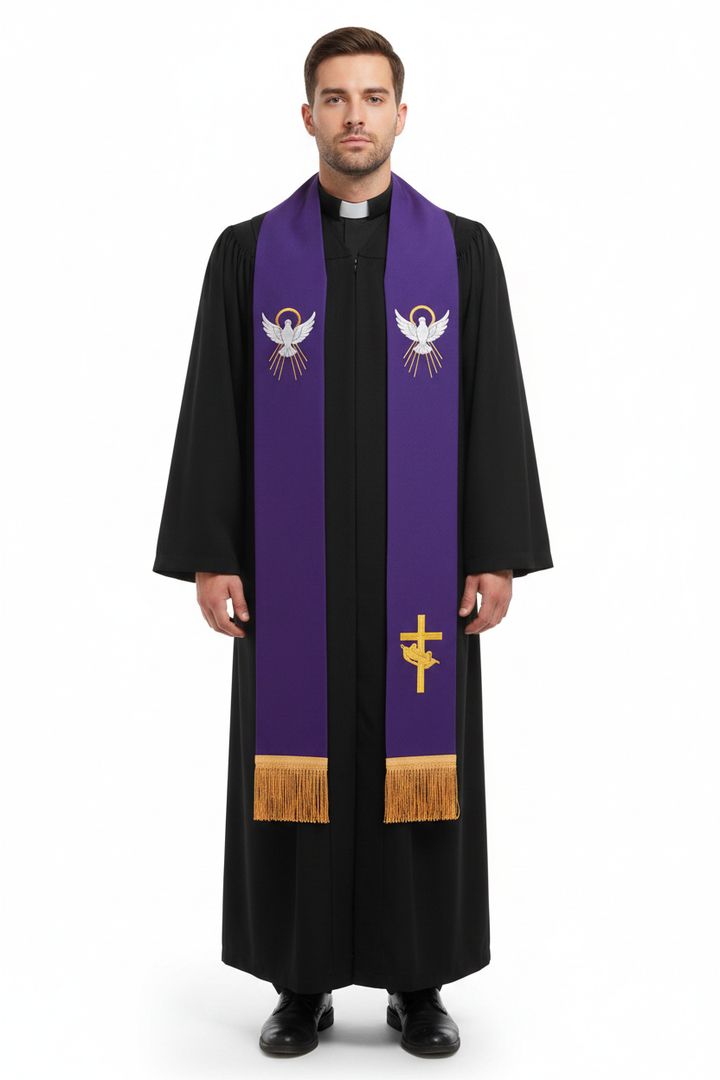 Male model wearing purple reversible clergy stole with dove cross gold embroidery and gold fringe over black cassock, full body front view, white background